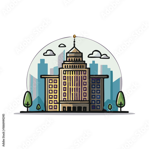 Stylized City Hall with Tower Trees and Clouds Flat Graphic Vector Illustration