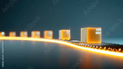 Floating glowing conveyor belt with packages