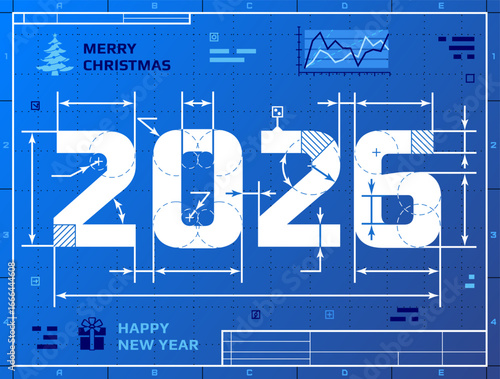 Card of New Year 2026 as blueprint drawing. Stylized drafting of 2026 on blueprint paper. Vector illustration for new years day, christmas, winter holiday, new years eve, engineering, silvester, etc