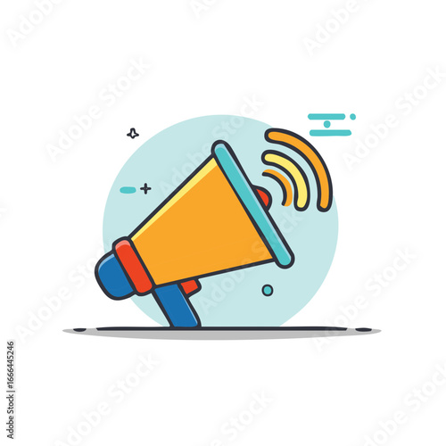Orange megaphone broadcasts waves of sound, promotion, cartoon style icon, amplification device with colorful details