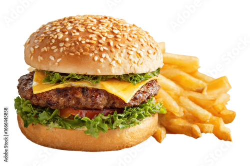 Delicious hamburger and crispy fries fast food restaurant isolated on transparent background