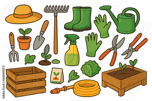 Gardening tools and equipment vector set. Cartoon icons collection for farming or hobby. Includes rake, shovel, boots, watering can, planter, seeds, and seedlings.