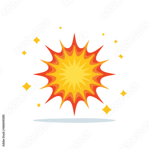 Illustration of a stylized burst, explosion with radiating light, stars, sparks, and shadow.