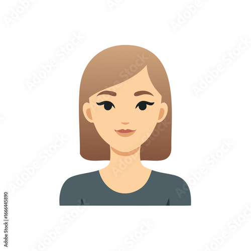 Female Avatar Portrait with Bob Haircut and Round Neck Shirt, Cartoon Style