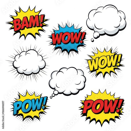 Comic book speech bubbles and sound effects isolated on white background