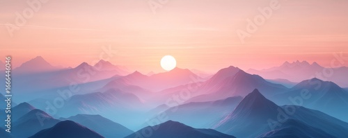 Create a dreamy image of stylized mountains with a soft pink sky, evoking a serene and peaceful atmosphere, Generative AI