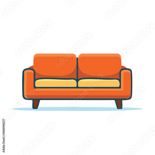 Vibrant Orange Sofa with Yellow Cushions Isolated on White, Living Room Interior Design Element