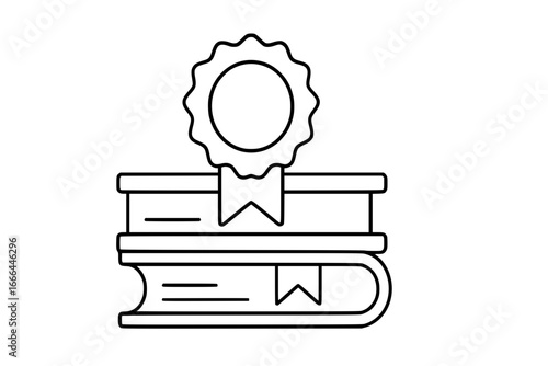 Line art icon of stacked books with award certificate, isolated
