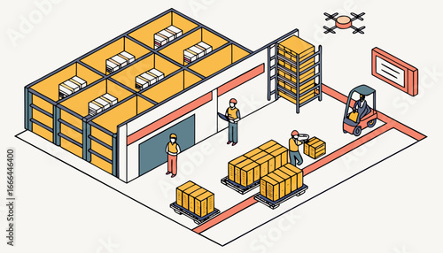 A panoramic shot of a busy logistics and distribution center with a swarm of autonomous drones hovering above the warehouse floor all