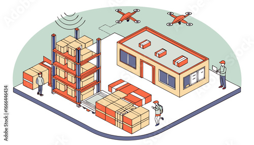 A panoramic shot of a busy logistics and distribution center with a swarm of autonomous drones hovering above the warehouse floor all