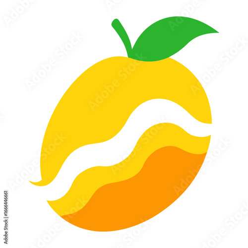 Vector art of stylized orange fruit with a green leaf and wavy lines, representing freshness
