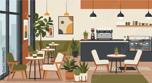 Contemporary cafe interior design featuring a modern barista counter, comfortable seating, and abundant indoor plants creating a cozy atmosphere