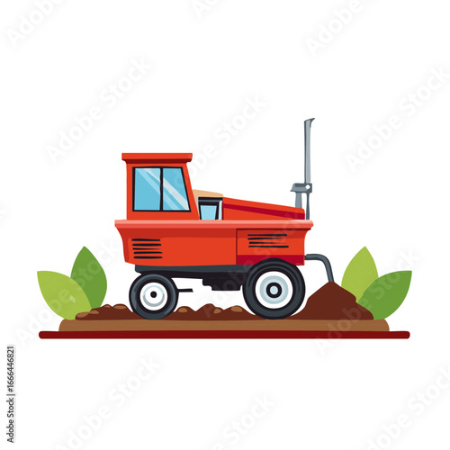 A Red Tractor Tilling Soil in a Green Field, Farming Equipment on a Farm Working and Preparing the Land for Planting