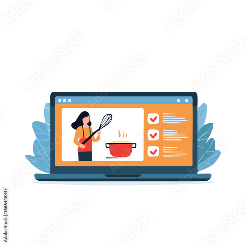 Cooking Tutorial Online Laptop Screen with Pot and Whisk and Checkmarks