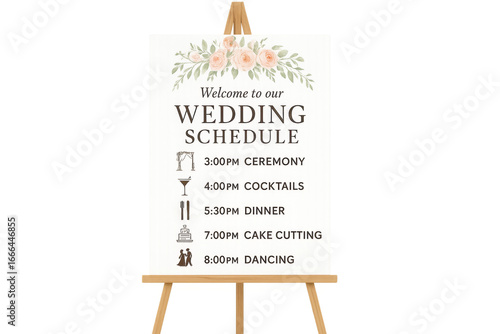 Wedding schedule on wooden easel with transparent background
