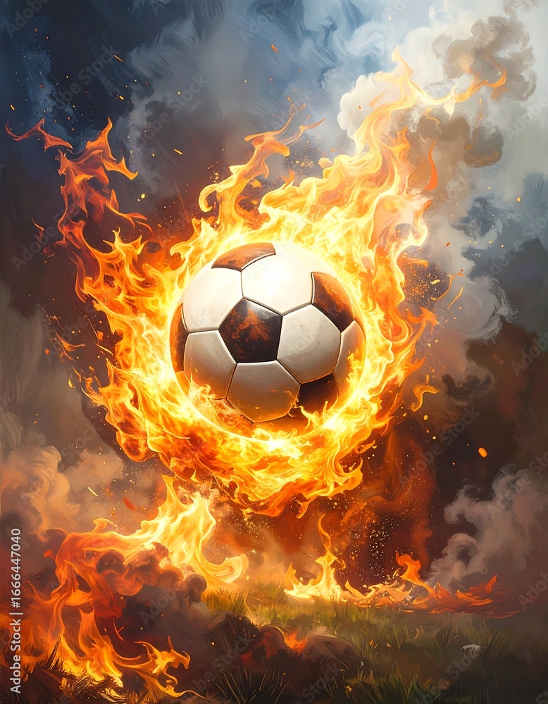 Fototapeta premium A soccer ball engulfed in vibrant flames, suspended in mid-air against a dramatic backdrop of smoke and fire.
