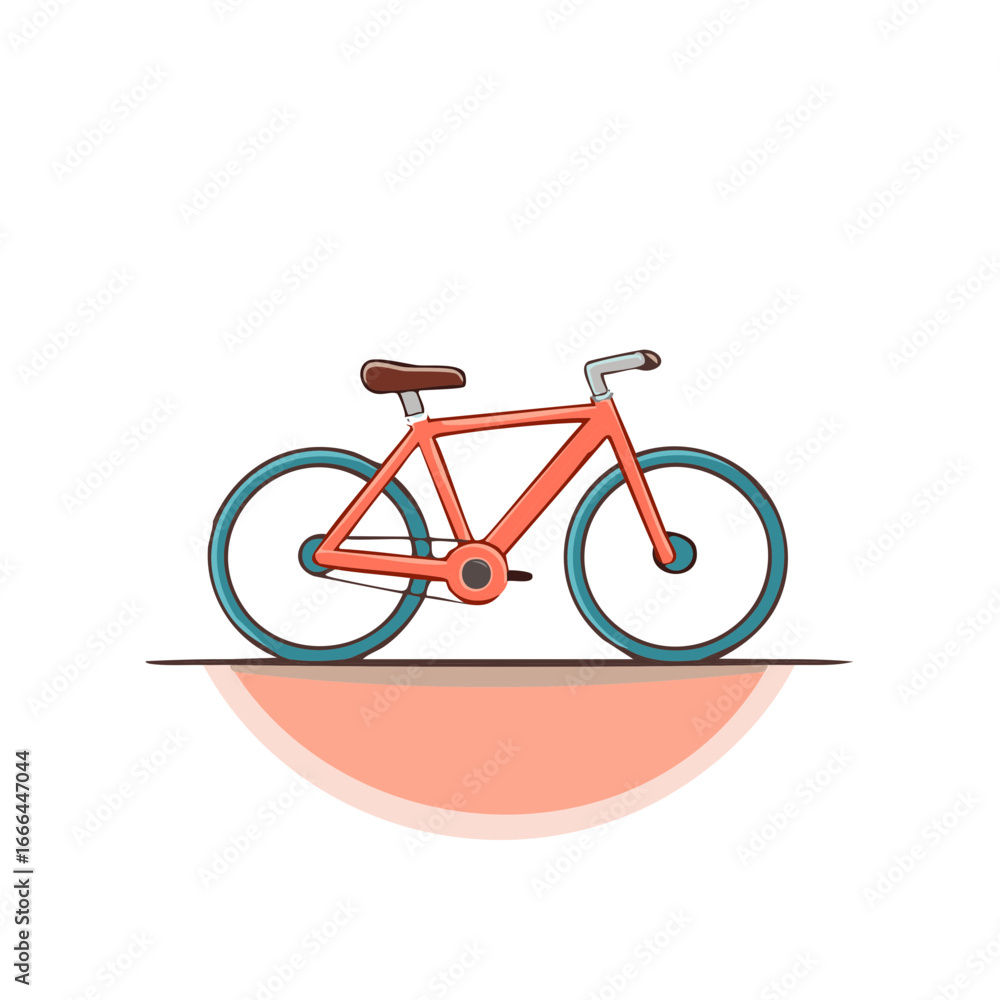 Obraz premium Minimalist bicycle illustration with coral frame and teal tires on a simple base, evokes cycling and sustainable transportation.
