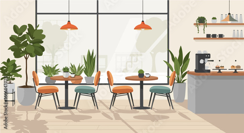 Contemporary cafe or restaurant interior design with tables, chairs, and potted plants. Empty coffeehouse space with a minimalist and cozy atmosphere for relaxing