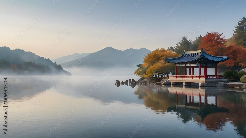 Obraz premium Misty Lake with Traditional Asian Pavilion and Autumn Trees – Serene Reflection Panorama