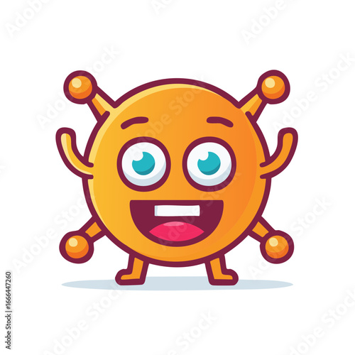 Delightful orange cartoon germ character with cheerful expression and contagious smile standing playfully