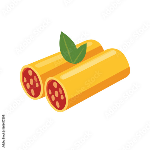 Cartoon Cannelloni Pasta Dish with Filling and Basil Leaf Food Illustration