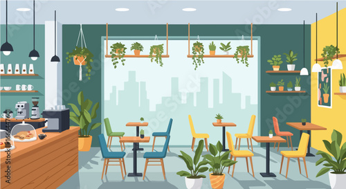 Cozy cafe interior with tables, chairs, plants, and coffee station, creating a welcoming atmosphere for relaxation and socializing