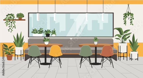 Contemporary restaurant or coffee shop interior with modern furniture, cozy booth seating, and abundant green potted plants