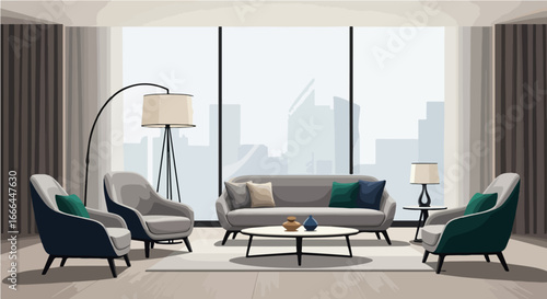 Elegant and stylish apartment living space with contemporary furniture and a panoramic city view