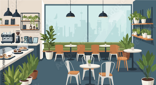 Cozy Cafe Interior with Greenery and Natural Light Illustration