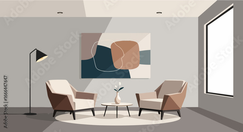 Cozy Living Room Interior with Armchairs and Modern Wall Art Illustration