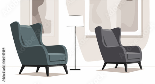 Modern living room interior with two stylish armchairs and abstract art. Contemporary home decor and furniture concept illustration