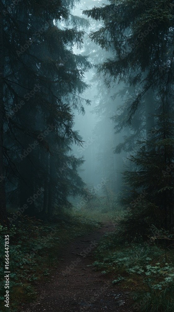Fototapeta premium Enchanted Misty Forest Path Surrounded by Tall Pine Trees