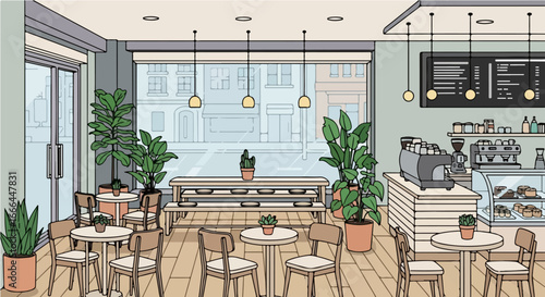 Stylish interior of a modern coffee shop with plants and large windows looking out onto a city street. Empty cafe or restaurant space in a flat vector illustration style