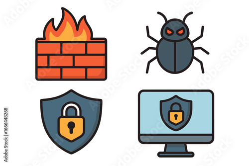 Cybersecurity icon set. Vector cartoon concepts for internet safety, data protection and antivirus software. Firewall, malware bug, shield lock and computer security signs.