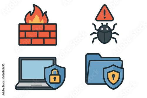 Cybersecurity vector icon set for data protection and online privacy concepts. Includes firewall, malware bug, virus warning, secure laptop and protected folder with shield symbols.