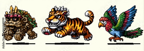 Pixelated creatures running and flying