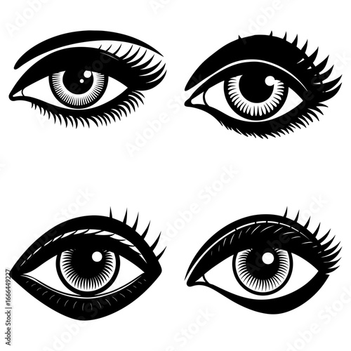 Four stylized eyes with detailed eyelashes and pupils in a symmetrical arrangement on white background