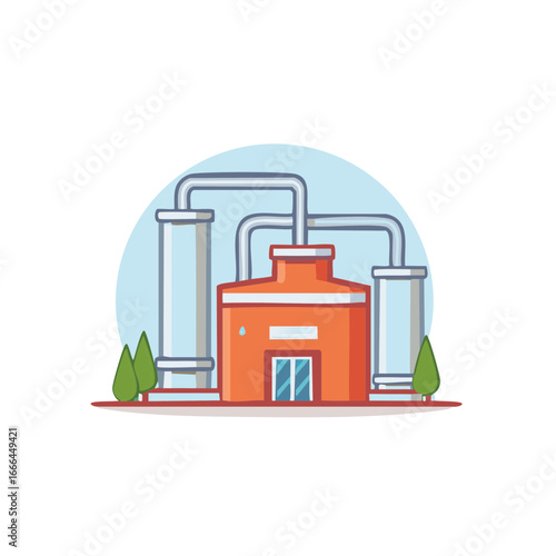 Cartoon style refinery building with industrial pipelines, storage tanks, and green conical trees at base