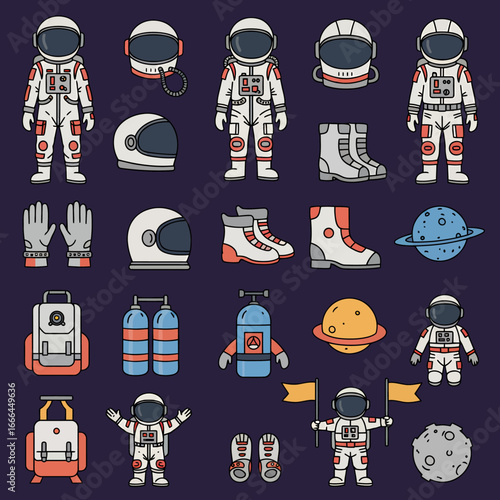 Astronaut gear and space exploration elements collection for science projects and creative designs
