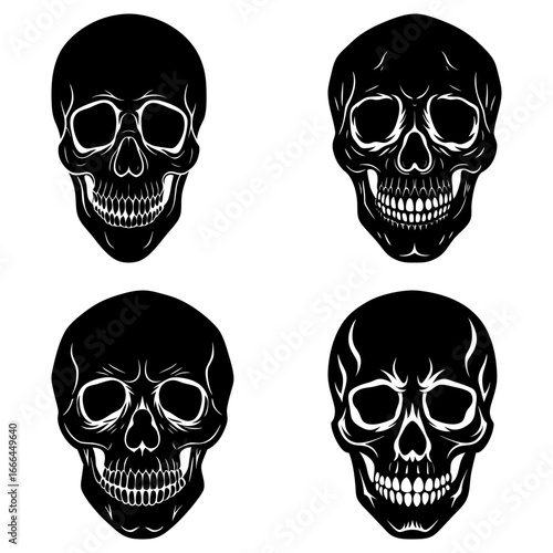Four black skull illustrations with detailed teeth and eye sockets on a white background design layout