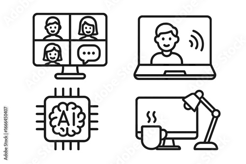 Modern work icon set. Remote office, virtual meeting, video conference call, online communication and AI technology. Home office workplace setup with computer. Line art vector.