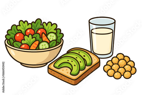 Healthy balanced diet meal with fresh salad, avocado toast, milk and chickpeas. Vector cartoon illustration for nutrition, vegetarian food, vegan lifestyle or wellness concept.