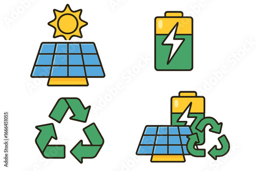 Renewable energy icon collection. Solar power panel, battery charging, recycling symbol. Concept of sustainability, green technology, eco friendly power. Vector illustration.