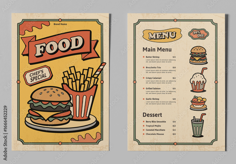 Vintage Style Food Menu Design For Restaurant Stock Template | Adobe Stock