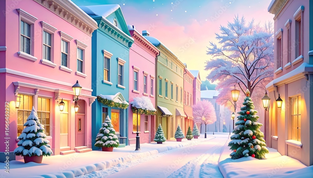 Fototapeta premium Pastel-Colored Snow-Covered Town Street at Night.