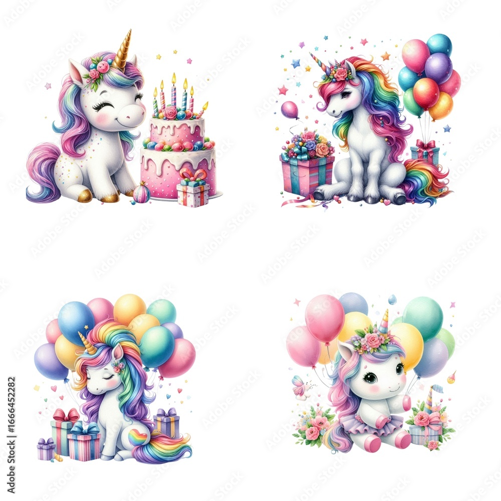 Naklejka premium Watercolor Birthday Unicorn Collage – Cute Cartoon Unicorns with Rainbow Manes, Balloons, Gifts, and Flowers (4 Designs)