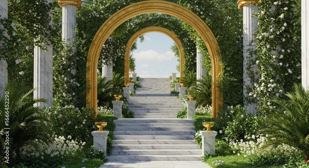 Fototapeta premium A stairway with golden arches and marble columns leading to a bright sky in a lush garden