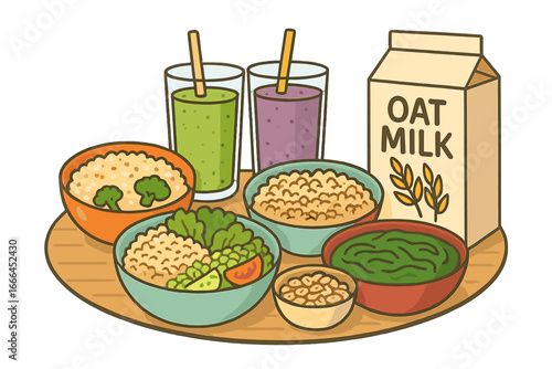 Healthy plant-based food arrangement with grain bowls, smoothies, and oat milk. Vector cartoon illustration of a vegan meal for a healthy lifestyle and clean eating diet.