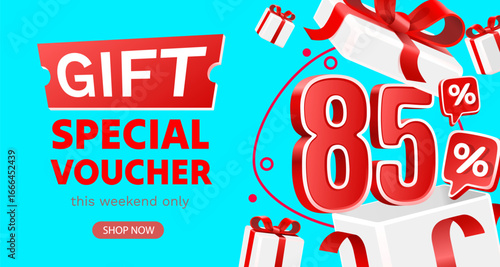 85 percent gift, Special voucher, gift box. Sale banner and poster. Vector illustration