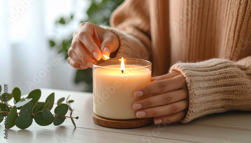 Lighting a Scented Candle for a Cozy Atmosphere, Warm Sweater and Candlelight: Creating a Relaxing Ambiance at Home